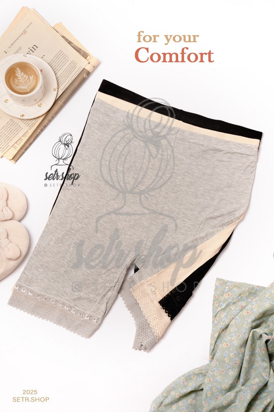 شلوارک بلند زنانه سوپر نخ با لب گیپوری برند دنیز در رنگهای طوسی، مشکی و کرم