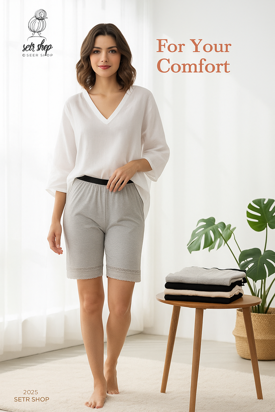 شلوارک بلند زنانه سوپر نخ با لب گیپوری برند دنیز در رنگهای طوسی، مشکی و کرم