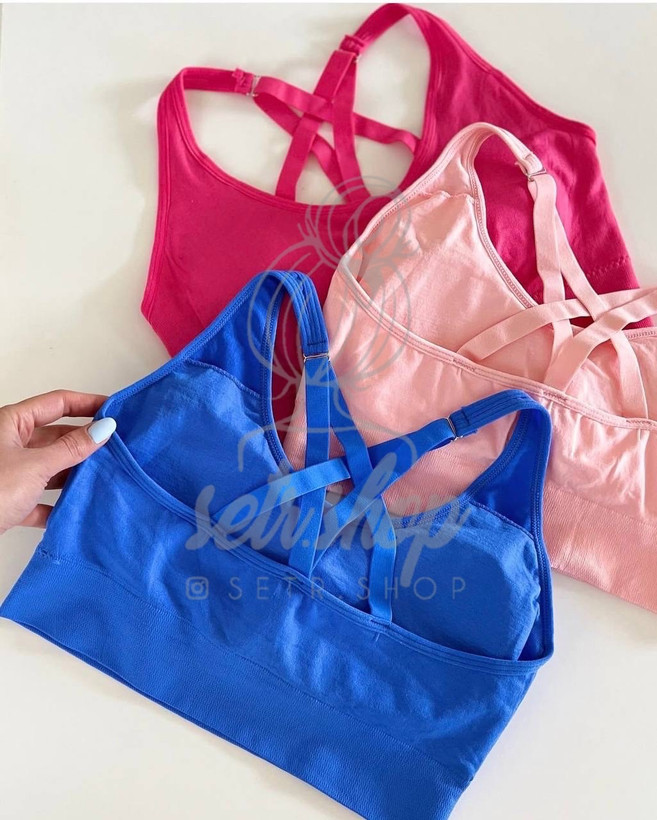 نیمتنه ورزشی با طراحی ضربدری و دستکهای فلزی وارداتی در رنگهای آبی، صورتی، سفید، مشکی، سبز و سرخابی