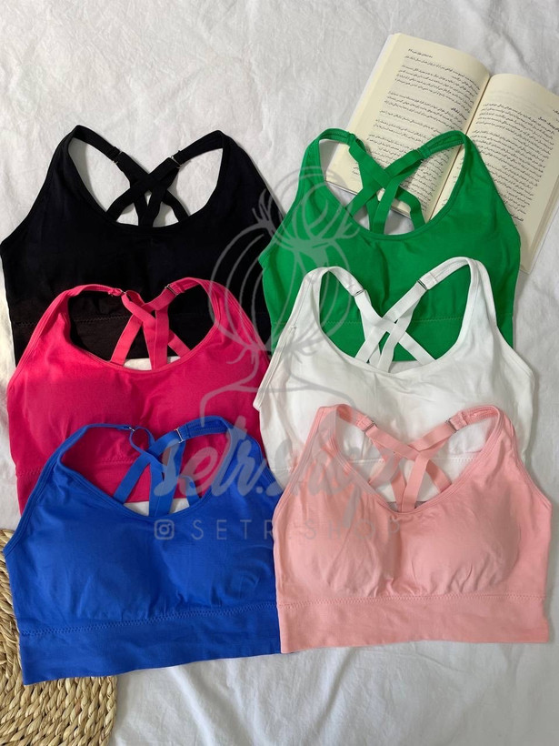 نیمتنه ورزشی با طراحی ضربدری و دستکهای فلزی وارداتی در رنگهای آبی، صورتی، سفید، مشکی، سبز و سرخابی